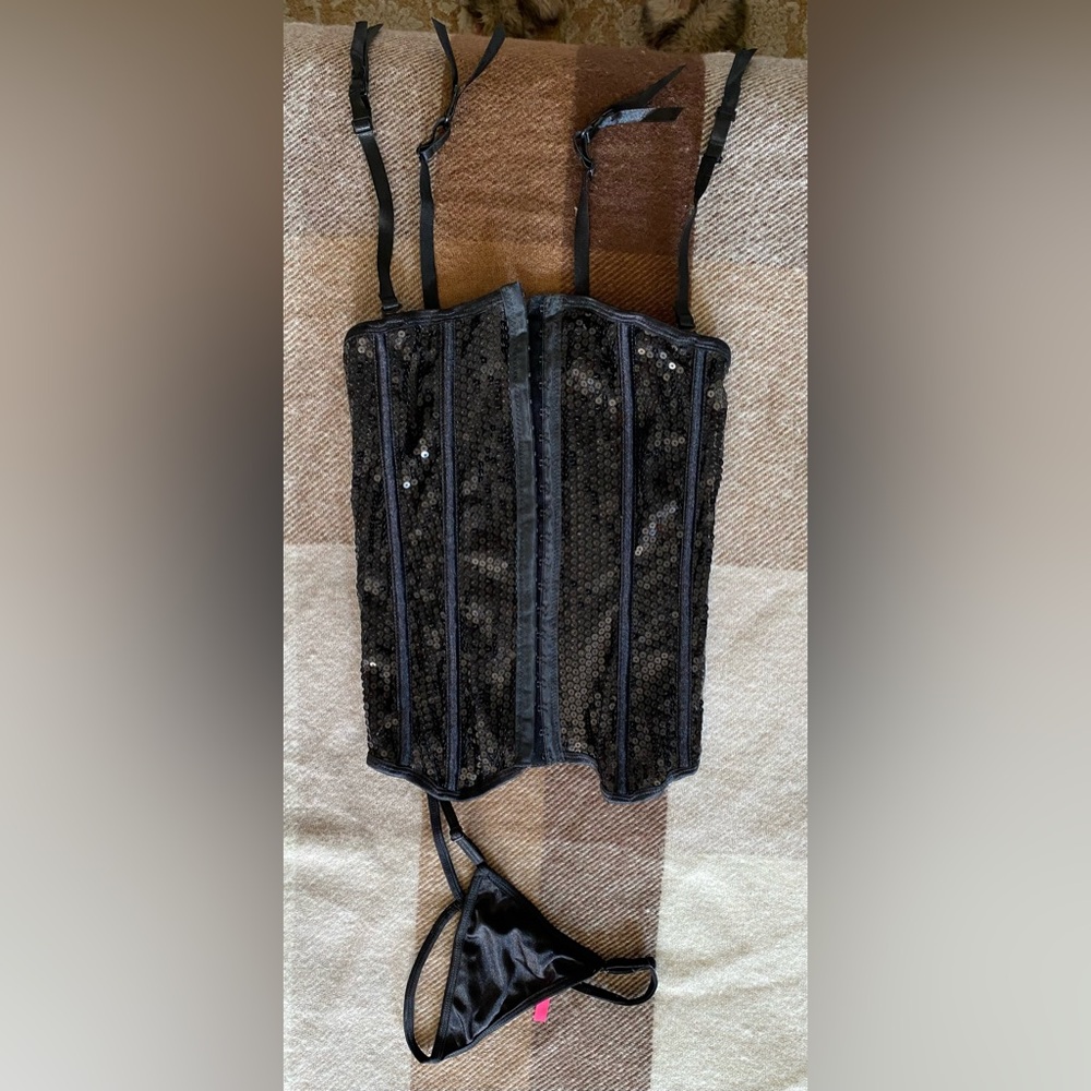 NWOT. Black Sequin Corset Top with thong, Sz S